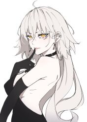 Rule 34 | 1girl, ahoge, backless dress, backless outfit, bare shoulders, black dress, black gloves, breasts, dress, earrings, elbow gloves, eyelashes, fate/grand order, fate (series), finger to mouth, gloves, hair between eyes, halter dress, halterneck, highres, jeanne d&#039;arc alter (fate), jewelry, light blush, long hair, looking at viewer, o-ring, open mouth, pale skin, ri o ne su, sideboob, simple background, solo, upper body, white background, white hair, yellow eyes