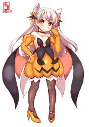 Rule 34 | 1girl, alternate costume, amatsukaze (kancolle), artist logo, black pantyhose, blush, commentary request, dated, detached sleeves, full body, hair ornament, halloween costume, high heels, highres, jack-o&#039;-lantern, kanon (kurogane knights), kantai collection, long hair, looking at viewer, orange footwear, pantyhose, pumpkin skirt, silver hair, simple background, solo, standing, two-tone dress, two side up, white background