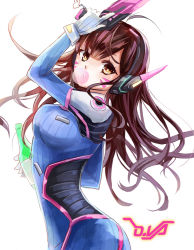 Rule 34 | 1girl, arm up, armor, blue bodysuit, bodysuit, bottle, bracer, breasts, brown eyes, brown hair, blowing bubbles, charm (object), chewing gum, cowboy shot, d.va (overwatch), facepaint, facial mark, gloves, gun, hand up, headphones, high collar, holding, holding bottle, holding gun, holding weapon, long hair, looking at viewer, medium breasts, miya (zawarudo), overwatch, overwatch 1, pauldrons, pilot suit, ribbed bodysuit, shoulder armor, shoulder pads, simple background, skin tight, solo, standing, weapon, whisker markings, white background, white gloves