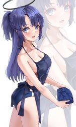 Rule 34 | 1girl, :d, apron, ass, blue apron, blue archive, blue buruma, blue eyes, blush, box, breasts, buruma, cleavage, commentary request, from side, halo, highres, holding, holding bento, holding box, long hair, looking at viewer, looking to the side, matrix16, medium breasts, multiple views, nearly naked apron, no bra, open mouth, ponytail, purple hair, sideboob, simple background, smile, thighs, white background, wrapped bento, yuuka (blue archive), yuuka (track) (blue archive), zoom layer
