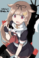 Rule 34 | &gt;:d, 10s, 1girl, 2014, :d, between legs, black gloves, black skirt, blonde hair, blouse, dated, fang, fingerless gloves, gloves, hair flaps, hair ornament, hair ribbon, hairclip, hand between legs, kantai collection, long hair, looking at viewer, machinery, mku, neckerchief, open mouth, pleated skirt, red eyes, red neckerchief, ribbon, sailor collar, scarf, school uniform, serafuku, shirt, skirt, smile, solo, torpedo, twitter username, v-shaped eyebrows, white scarf, yuudachi (kancolle), yuudachi kai ni (kancolle)
