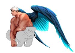 Rule 34 | 1boy, akiha gongen (housamo), bandaid, bandaid on face, bandaid on nose, bara, blue wings, clothes down, dark-skinned male, dark skin, facial hair, feathered wings, fle0423, full body, goatee, highres, horns, large pectorals, looking at viewer, male focus, multicolored hair, muscular, muscular male, original, pectorals, short hair, sideburns, single horn, smile, solo, squatting, thick eyebrows, topless male, two-tone hair, unfinished, white background, white hair, wings