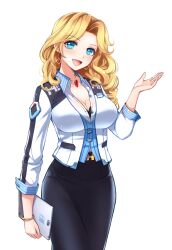 Rule 34 | 1girl, asymmetrical bangs, black shirt, black skirt, blonde hair, blue eyes, blue shirt, breasts, candy grace, cleavage, cowboy shot, drop earrings, earrings, game cg, gem, glint, hand up, head tilt, holding, holding tablet pc, jewelry, large breasts, looking at viewer, master of eternity, medium hair, multicolored shirt, non-web source, official art, open mouth, partially unbuttoned, pencil skirt, red gemstone, shirt, simple background, skirt, smile, solo, tablet pc, transparent background, white shirt
