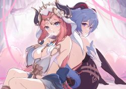 Rule 34 | 2girls, ahoge, back, backless outfit, bare shoulders, bed, between legs, black pantyhose, blue eyes, blue gemstone, blue hair, blush, breasts, brooch, circlet, cleavage, dancer, detached sleeves, finger to mouth, from behind, ganyu (genshin impact), gem, genshin impact, gishihi, gold trim, hand between legs, harem outfit, heart, heart-shaped pillow, heavy breathing, highres, horns, jewelry, knees up, long hair, looking at viewer, looking back, medium breasts, multiple girls, neck ring, nilou (genshin impact), no shoes, open mouth, pantyhose, pillow, purple eyes, red hair, sideboob, sidelocks, sitting, smile, thighlet, veil, white headdress, white sleeves, white veil