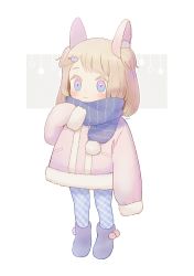 Rule 34 | 1girl, animal ears, ayu (mog), blonde hair, blue eyes, blue pantyhose, blue scarf, boots, closed mouth, coat, fake animal ears, full body, fur boots, long sleeves, looking at viewer, medium hair, multicolored eyes, original, pantyhose, pink coat, pom pom (clothes), purple eyes, purple footwear, scarf, signature, sleeves past fingers, sleeves past wrists, smile, solo, standing, two side up