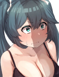 Rule 34 | 1girl, black bra, blue eyes, blue hair, blush, bra, breasts, cleavage, closed mouth, commentary request, hair ribbon, isuzu (kancolle), kantai collection, long hair, looking at another, looking at penis, penis awe, penis shadow, ribbon, shadow, simple background, solo, surprised, sweat, sweatdrop, takahashi meishin, twintails, underwear, underwear only, upper body, wavy mouth, white background, white ribbon