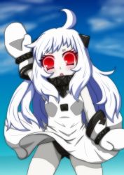 Rule 34 | 10s, 1girl, abyssal ship, ahoge, arm up, colored skin, dress, horns, kantai collection, long hair, looking at viewer, mittens, northern ocean princess, open mouth, p.a.w, panties, red eyes, solo, underwear, waving, white dress, white hair, white skin
