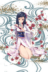 Rule 34 | 1girl, bare legs, bare shoulders, black hair, blue hair, cherry blossoms, floral background, flower, japanese clothes, kimono, legs, long hair, looking at viewer, maeda risou, obi, off shoulder, original, parted bangs, pink eyes, sash, seiza, sitting, smile, solo, yukata