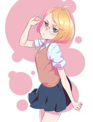 Rule 34 | 1girl, ammonio, blonde hair, blue eyes, blush, eyelashes, glasses, highres, looking at viewer, original, pout, pouty lips, school uniform, shirt, short hair, skirt, solo, standing