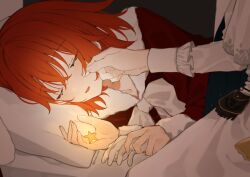 Rule 34 | 1boy, 1girl, cape, closed eyes, dress, fate/grand order, fate (series), fujimaru ritsuka (female), fur-trimmed dress, fur trim, gloves, glowing, hand on another&#039;s cheek, hand on another&#039;s face, head on pillow, holding, holding clothes, holding gloves, holding star, long sleeves, lying, oberon (fate), on side, orange hair, out of frame, red dress, ribbon, romo827, santa dress, shirt, sleeping, star (symbol), white cape, white ribbon, white shirt