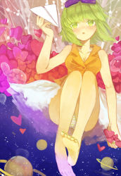 Rule 34 | 1girl, bad id, bad pixiv id, bare legs, blush, breasts, cleavage, goggles, goggles on head, green eyes, green hair, gumi, heart, holding, koyuiko, matching hair/eyes, paper airplane, parted lips, planet, short hair, solo, vocaloid