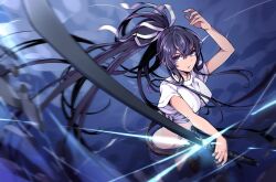 Rule 34 | 1girl, arm up, asymmetrical clothes, belt, belt buckle, black hair, blurry, blurry foreground, breasts, brown belt, buckle, commentary request, denim, fighting stance, garrote, gleam, hair between eyes, hair ribbon, highres, holding, holding sword, holding weapon, jeans, kanzaki kaori, large breasts, long hair, looking at viewer, midriff, nanaheibei 3, navel, ootachi, pants, parted lips, ponytail, purple eyes, ribbon, serious, sheath, shichiten shichitou, shirt, short sleeves, simple background, single pantsleg, solo, sword, tied shirt, toaru majutsu no index, toaru majutsu no index: old testament, unsheathing, very long hair, weapon, white ribbon, white shirt