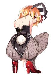 Rule 34 | 1girl, animal ears, ass, back, bare shoulders, black pantyhose, blonde hair, fishnet pantyhose, fishnets, full body, high heels, leotard, looking at viewer, looking back, pantyhose, playboy bunny, rabbit ears, rabbit tail, red eyes, red footwear, rumia, shoes, short hair, simple background, solo, squatting, tail, touhou, v, yunuki uta, zipper