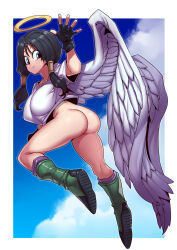 Rule 34 | 1girl, absurdres, angel, angel wings, ass, black gloves, black hair, blue eyes, blue sky, boots, border, bottomless, breasts, closed mouth, day, dragon ball, dragonball z, feathers, fingerless gloves, flying, from behind, full body, gloves, green footwear, halo, highres, kneepits, large breasts, looking back, low twintails, shirt, short sleeves, sky, smile, solo, tukiwani, twintails, videl, white border, white shirt, white wings, wings