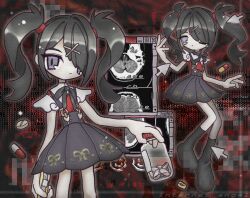 Rule 34 | 1girl, ame-chan (needy girl overdose), black hair, black ribbon, black skirt, black socks, collared shirt, commentary request, cursor, full body, ha4to, hair ornament, hair over one eye, hair tie, hairclip, hand up, holding, long hair, looking at viewer, multiple views, neck ribbon, needy girl overdose, pill, pill bottle, purple eyes, red background, red shirt, ribbon, shirt, shirt tucked in, skirt, socks, standing, suspender skirt, suspenders, twintails, window (computing), x hair ornament