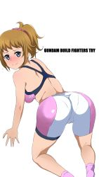 Rule 34 | 10s, 1girl, absurdres, all fours, ass, bike shorts, blue eyes, blush, breasts, brown hair, cameltoe, cleft of venus, female focus, from behind, gundam, gundam build fighters, gundam build fighters try, highres, hoshino fumina, long hair, looking at viewer, looking back, pantylines, ponytail, sideboob, smile, solo, sports bra, tonotyama
