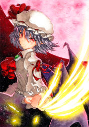 Rule 34 | 1girl, ascot, bad id, bad pixiv id, bat wings, black wings, bow, brooch, closed mouth, from side, grey hair, hair between eyes, hat, hat bow, jewelry, juliet sleeves, long sleeves, looking at viewer, mob cap, moon, pointy ears, puffy sleeves, qqqrinkappp, red bow, red eyes, red moon, remilia scarlet, short hair, slit pupils, solo, touhou, traditional media, upper body, white hat, wings