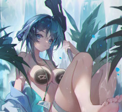 Rule 34 | 1girl, ahoge, arknights, barefoot, between breasts, black hair, blue eyes, blue jacket, breasts, bukui shi wo, cleavage, closed mouth, collarbone, feather hair, feet, female focus, hair bun, highres, holding, holding weapon, id card, jacket, knees up, la pluma (arknights), la pluma (summer flowers) (arknights), large breasts, looking at viewer, naked jacket, official alternate costume, open clothes, open jacket, pasties, short hair, single hair bun, single side bun, sitting, smile, solo, thigh strap, toes, weapon, wing hair ornament