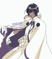 Rule 34 | 1boy, animal, animal on shoulder, arjuna (fate), arrow (projectile), bishounen, black eyes, black mouth, brown hair, cape, cowboy shot, dark-skinned male, dark skin, fate/grand order, fate (series), fish, gloves, hair between eyes, highres, holding, holding arrow, indian clothes, kotobuki mituru, looking at viewer, male focus, open mouth, parted lips, sacabambaspis, simple background, solo, standing, triangle mouth, twitter username, watermark, white background, white cape, white gloves