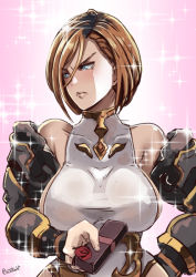 Rule 34 | 10s, 1girl, 2015, armor, artist name, averting eyes, bare shoulders, black knight (granblue fantasy), blue eyes, bob cut, box, breasts, brown hair, butcha-u, chocolate, detached sleeves, embarrassed, female focus, flower, gift, gift box, giving, gradient background, granblue fantasy, hair between eyes, halterneck, hand on own hip, large breasts, leotard, md5 mismatch, pink background, red flower, red rose, rose, short hair, sideboob, signature, solo, sparkle, swept bangs, taut clothes, tsundere, turtleneck, valentine