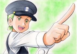 Rule 34 | 1boy, :d, black vest, cilan (pokemon), commentary request, creatures (company), game freak, green background, green eyes, green hair, grey hat, hat, highres, long sleeves, male focus, nintendo, no sclera, oka mochi, open mouth, pointing, pokemon, pokemon (anime), pokemon bw (anime), shirt, short hair, smile, solo, teeth, tongue, traditional media, upper teeth only, vest, white shirt