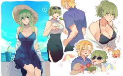 Rule 34 | !, 1boy, 1girl, :d, ^ ^, alternate costume, alternate hairstyle, bare shoulders, bikini, black bikini, black skirt, blonde hair, blue dress, blue shirt, breasts, byleth (female) (fire emblem), byleth (fire emblem), casual, cleavage, closed eyes, coconut, contemporary, cup, dimitri alexandre blaiddyd, disposable cup, dress, drinking straw, eyewear on head, feet out of frame, fire emblem, fire emblem: three houses, food, green eyes, green hair, hat, high-waist skirt, kkomcce, large breasts, long hair, looking at viewer, matching hair/eyes, nintendo, off shoulder, open mouth, ponytail, popsicle, shirt, short hair, sitting, skirt, sleeveless, smile, spoken exclamation mark, sun hat, sunglasses, swimsuit, white background