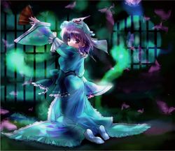 Rule 34 | 1girl, bug, butterfly, female focus, from behind, full body, ghost, hand fan, hat, indoors, insect, kneeling, looking back, nyonsuke, pink eyes, pink hair, saigyouji yuyuko, short hair, socks, solo, touhou, window