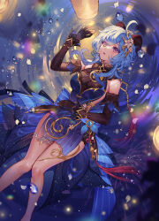 Rule 34 | 1girl, absurdres, ahoge, arm up, artist name, back bow, bare shoulders, black gloves, blue bow, blue dress, blue flower, blue hair, bow, breasts, commentary request, commission, crystal, detached sleeves, dress, feet out of frame, flower, ganyu (genshin impact), ganyu (twilight blossom) (genshin impact), genshin impact, gloves, goat horns, hair between eyes, hair flower, hair ornament, highres, horns, jewelry, lantern, large breasts, long hair, long sleeves, looking up, lying, necklace, night, official alternate costume, on back, open mouth, orange sekaii, outdoors, paper lantern, petals, pink flower, purple eyes, short hair, short hair with long locks, sidelocks, solo, striped bow, tassel, water, water drop, watermark