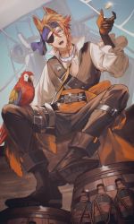 Rule 34 | animal ears, axel syrios, bandana, barrel, belt, bird, blonde hair, boots, cloud, coin, collar, day, eyepatch, gloves, gold coin, highres, holostars, holostars english, multicolored hair, outdoors, pants, parrot, pirate, red hair, sail, ship, streaked hair, to e, virtual youtuber, watercraft, weapon