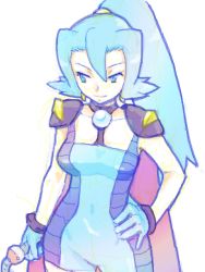 Rule 34 | 00s, 1girl, blue eyes, blue hair, bodysuit, clair (pokemon), creatures (company), earrings, game freak, gloves, gym leader, hand on own hip, high ponytail, jewelry, long hair, matching hair/eyes, mo-mo, nintendo, pokemon, pokemon hgss, shoulder pads, solo, unitard