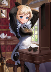 Rule 34 | 1girl, afk arena, apron, arms behind head, arms up, black bow, black dress, blonde hair, blue eyes, blush, bow, broom, cup, dress, frills, hair tie in mouth, highres, indoors, long dress, long sleeves, looking at viewer, maid, mikan03 26, mouth hold, on stool, painting (object), rosaline (afk arena), sitting, solo, stool, table, teacup, teapot, white apron, window