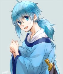 Rule 34 | 1boy, blue eyes, blue hair, chinese clothes, hanfu, long hair, magi the labyrinth of magic, male focus, matching hair/eyes, ponytail, seishun (magi), simple background, solo, t0day8, weapon