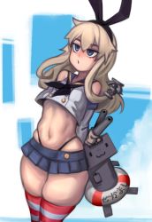 Rule 34 | 1girl, arms behind back, bare shoulders, black panties, blonde hair, blue eyes, cowboy shot, crop top, elbow gloves, gloves, hairband, half-closed eyes, highres, innertube, kantai collection, kelvin hiu, legs together, long hair, midriff, miniskirt, navel, panties, parted lips, pleated skirt, shimakaze (kancolle), skindentation, skirt, sky, solo, striped clothes, striped thighhighs, swim ring, thick thighs, thighhighs, thighs, underwear, white background