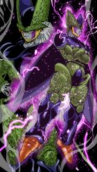 Rule 34 | 1boy, aura, black nails, cell (dragon ball), closed mouth, colored skin, commentary request, crossed arms, dragon ball, dragonball z, energy, glowing, grey skin, highres, kinakomochi (user vedc2333), looking at viewer, looking down, male focus, multiple views, muscular, nail polish, perfect cell, pink eyes, smile, wings