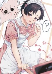 Rule 34 | 1boy, ?, @ @, absurdres, apron, black hair, blue archive, blue archive the animation, blush, bow, bowtie, brown eyes, cosplay, crossdressing, dress, highres, holding, holding clothes, holding dress, maid, maid apron, maid headdress, male focus, male maid, open mouth, pink bow, pink bowtie, pink dress, sakata shougo, sakata shougo (cosplay), sensei (blue archive), sensei (blue archive the animation), sera razere, short hair, short sleeves, simple background, smile, spoken question mark, striped bow, striped bowtie, striped clothes, voice actor connection