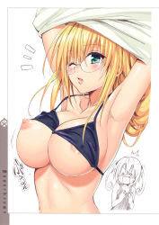 Rule 34 | 2girls, absurdres, areola slip, armpits, arms up, bikini, black bikini, blonde hair, blush, breast envy, breasts, cleavage, clothes lift, colorized, fang, glasses, green eyes, hands on own chest, highres, large breasts, lifted by self, long hair, multiple girls, nana asta deviluke, nipple slip, nipples, official art, one breast out, one eye closed, open mouth, school swimsuit, shirt, shirt lift, swimsuit, tearju lunatique, to love-ru, topless, twintails, undressing, upper body, wardrobe malfunction, white shirt, yabuki kentarou