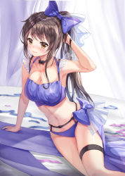 Rule 34 | 1girl, arm support, bad id, bad pixiv id, black neckwear, blue bow, blue ribbon, blush, bow, bowtie, breasts, brown hair, cleavage, curtains, girls&#039; frontline, hair bow, hand in own hair, hand up, k2 (girls&#039; frontline), long hair, looking at viewer, lunacle, navel, ponytail, ribbon, sitting, smile, thigh strap, very long hair