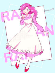 Rule 34 | 1girl, character name, clenched hand, dress, frilled dress, frills, full body, highres, layered dress, looking to the side, nanashi (mia), open hand, pantyhose, pink dress, pink eyes, pink hair, ran (urusei yatsura), red footwear, smile, solo, twitter username, urusei yatsura, white dress, white pantyhose