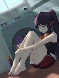 Rule 34 | 1girl, :t, against wall, alternate costume, barefoot, black tank top, blue eyes, commentary, detergent, electrical outlet, english commentary, feeq, feet, highres, hololive, hololive english, knees to chest, legs, long hair, multicolored hair, ninomae ina&#039;nis, orange hair, pointy ears, ponytail, purple hair, red shorts, shorts, solo, streaked hair, takodachi (ninomae ina&#039;nis), tank top, tentacle hair, thighs, tile wall, tiles, toes, virtual youtuber, washing machine, whale, window
