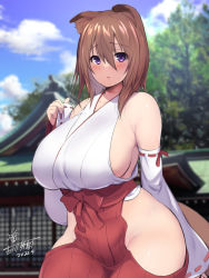 Rule 34 | 1girl, 2022, animal ears, artist name, bare shoulders, blue sky, breasts, brown hair, cloud, cloudy sky, dated, detached sleeves, elbow gloves, furrowed brow, gloves, hip vent, huge breasts, japanese clothes, medium hair, miko, no bra, no panties, original, outdoors, purple eyes, red ribbon, ribbon, sideboob, sideless outfit, sidelocks, signature, sky, solo, tail, temple, thighs, tree, wide sleeves, yoshikawa hideaki