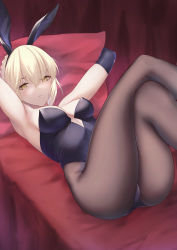 Rule 34 | 1girl, absurdres, alternate costume, animal ear headwear, animal ears, armpits, arms up, artoria pendragon (all), artoria pendragon (fate), ass, bare shoulders, black gloves, black hairband, black leotard, blonde hair, braid, breasts, elbow gloves, expressionless, fake animal ears, fate/grand order, fate (series), gloves, hair between eyes, hairband, highres, indoors, knees up, crossed legs, leotard, looking at viewer, lying, medium breasts, medium hair, okuma707, on back, on bed, pantyhose, parted lips, platinum blonde hair, playboy bunny, rabbit ears, saber alter, solo, thighs, yellow eyes