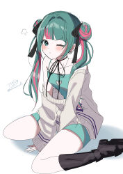 Rule 34 | 1girl, absurdres, between legs, blunt bangs, blush, boots, commentary, dress, earrings, full body, green dress, green eyes, green hair, hair bun, hand between legs, hatsune miku, heart, heart earrings, highres, jewelry, koromonme, long hair, looking at viewer, multicolored hair, neck ribbon, off shoulder, pink hair, pout, project sekai, ribbon, shadow, sitting, sketch, solo, streaked hair, twintails, two-tone hair, vocaloid, white background