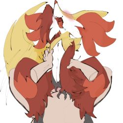 Rule 34 | 1boy, 1girl, absurdres, animal ear fluff, animal ears, animal hands, animal nose, arm behind head, arm up, black fur, blush, body fur, claws, completely nude, creatures (company), delphox, disembodied limb, drooling, fangs, flat chest, fox ears, fox girl, fox tail, furry, furry female, furry with non-furry, game freak, gen 6 pokemon, girl on top, hand on another&#039;s chest, happy, head back, hetero, highres, interspecies, knees up, lying, multicolored fur, nintendo, nose blush, nude, on back, open mouth, pokemon, pokemon (creature), pokephilia, pov, pussy, red fur, red leopard, saliva, sex, sharp teeth, simple background, sitting, sitting on person, sketch, smile, snout, solo focus, spread legs, stomach, tail, teeth, tongue, tongue out, uncensored, uvula, vaginal, white background, white fur, yellow fur