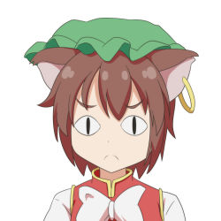 Rule 34 | &lt;|&gt; &lt;|&gt;, 1girl, :c, animal ears, brown hair, cat ears, cato (monocatienus), chen, commentary, earrings, frown, hat, jewelry, looking at viewer, portrait, short hair, simple background, single earring, solo, split mouth, touhou, white background