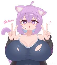 Rule 34 | 1girl, :o, ?, absurdres, ahoge, alternate costume, animal ear fluff, animal ears, bare shoulders, black hoodie, blue one-piece swimsuit, blush, breasts, bright pupils, cat ears, cat girl, cat tail, character name, collarbone, commentary, commentary request, competition swimsuit, covered navel, double v, english commentary, food, gabai, hair between eyes, hands up, highres, hololive, hood, hoodie, huge breasts, long sleeves, looking at viewer, medium hair, mixed-language commentary, nekomata okayu, off shoulder, one-piece swimsuit, onigiri, open clothes, open hoodie, open mouth, purple eyes, purple hoodie, school swimsuit, simple background, solo, swimsuit, tail, torn clothes, torn swimsuit, upper body, v, variant set, virtual youtuber, white background, white pupils