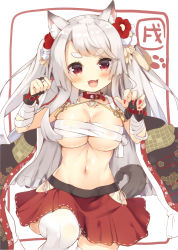 Rule 34 | 1girl, :d, animal ears, asa (swallowtail), azur lane, bandaged arm, bandages, black kimono, blush, breasts, bridal gauntlets, budget sarashi, claw pose, cleavage, collar, collarbone, commentary request, fang, fingernails, flower, hair flower, hair ornament, hands up, head tilt, heart, japanese clothes, kimono, large breasts, long fingernails, long hair, looking at viewer, nail polish, navel, open clothes, open kimono, open mouth, panties, pleated skirt, print kimono, red collar, red eyes, red flower, red nails, red skirt, sarashi, side-tie panties, signature, silver hair, skirt, smile, solo, tail, thick eyebrows, thighhighs, underwear, very long hair, white flower, white panties, white thighhighs, wolf ears, wolf girl, wolf tail, yuudachi (azur lane)