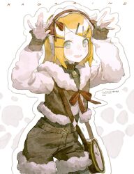 Rule 34 | 1girl, animal ears, bag, bell, belt, belt collar, black pantyhose, blonde hair, brown bag, brown belt, brown shorts, character name, clock print, collar, commentary request, contrapposto, cowboy shot, dot nose, eighth note, fingernails, flat chest, frilled sleeves, frills, fur-trimmed shorts, fur trim, green eyes, grey sweater, group name, hair ornament, hair ribbon, hairband, hairclip, handbag, hands up, highres, horns pose, kagamine rin, light blush, long sleeves, musical note, neck bell, official alternate costume, outline, pantyhose, parted lips, pogpa47985618, project sekai, puffy long sleeves, puffy sleeves, ribbed sweater, ribbon, sheep ears, short hair, shorts, shoulder bag, simple background, smile, solo, star (symbol), striped ribbon, sweater, swept bangs, triple horizontal stripe, vivid bad squad (project sekai), vivid bad squad rin, vocaloid, white background, white outline, yellow nails, zekkyou!? ookami no mori e youkoso! (project sekai)