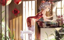 Rule 34 | 1girl, alternate costume, blue eyes, bottle, bow, bronya zaychik, bubble, china dress, chinese clothes, curtains, dress, drill hair, hair bow, highres, honkai (series), honkai impact 3rd, indoors, lantern, leaning forward, looking at viewer, meijin93, panties, paper lantern, plant, red bow, silver hair, sink, smile, solo, standing, standing on one leg, thighhighs, twin drills, underwear, white panties, white thighhighs, window