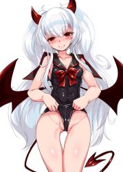 Rule 34 | 1girl, blush, breasts, cleavage, clothes lift, cowboy shot, demon girl, gluteal fold, harigane shinshi, head tilt, highres, horns, long hair, low wings, one-piece swimsuit, original, red eyes, simple background, smile, solo, standing, swimsuit, swimsuit lift, tail, twintails, very long hair, white background, wings