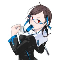 Rule 34 | bad id, bad pixiv id, brown hair, earphones, glasses, hair ornament, hairpin, headphones, mouth hold, papers, red eyes, ribbon, solo, yasuda suzuhito